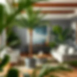 A stylish artificial palm tree in an elegant living room setting