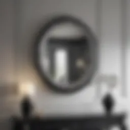 Elegant black and silver mirror reflecting a stylish interior space