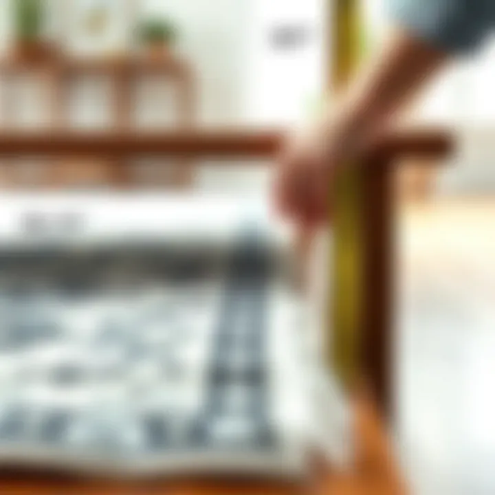 Close-up of table dimensions being measured for rug selection