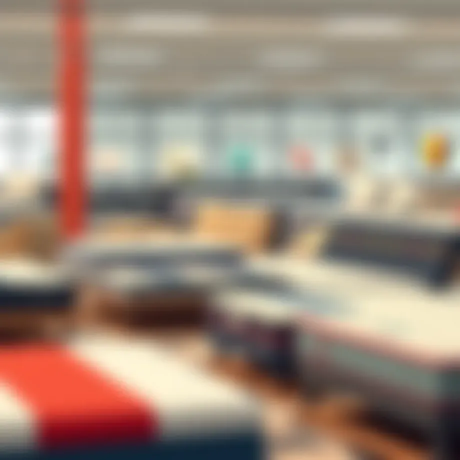 A variety of futon mattress options displayed on a showroom floor