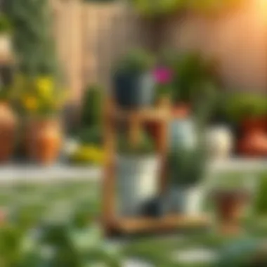 DIY Assembly of Pot Stand in Garden DIY assembly of a pot stand with wheels in a garden setting, featuring various materials.