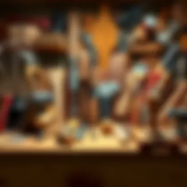 A variety of woodworking tools arranged around a workbench ready for crafting