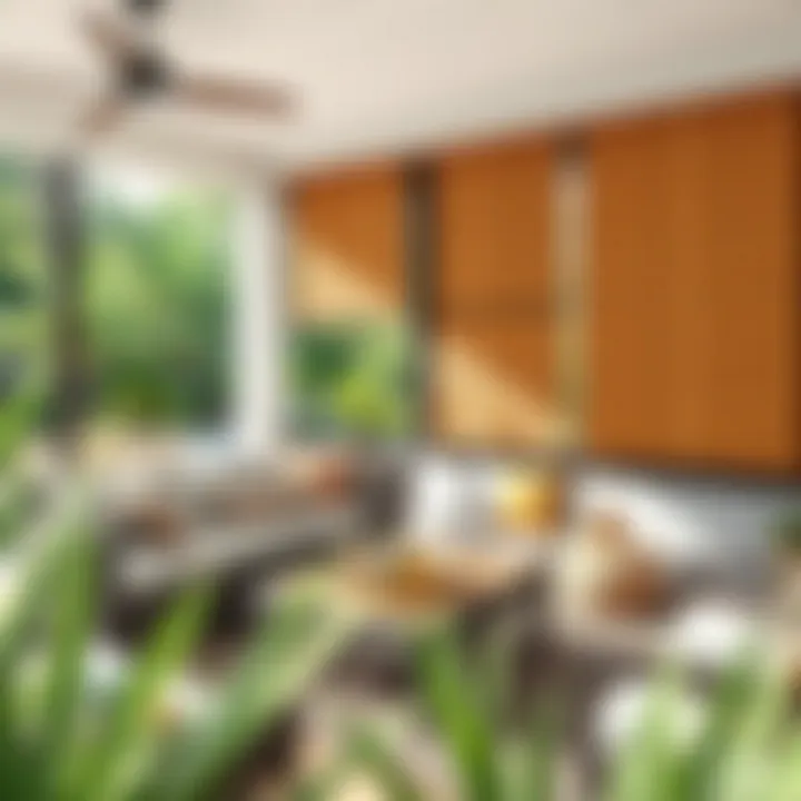 Stylish outdoor space decorated with bamboo shades