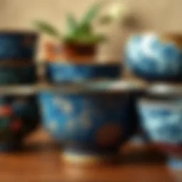 A collection of blue Japanese bowls featuring intricate designs and patterns