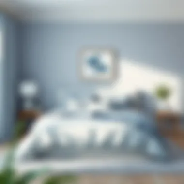 Cozy bedroom atmosphere featuring blue grey bedding and decor