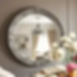 Elegant large round mirror with a silver frame reflecting a stylish interior