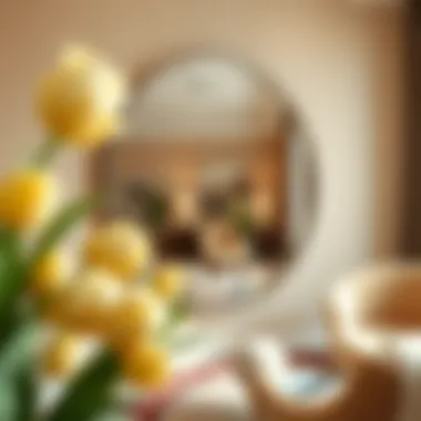 Large round silver mirror enhancing spatial perception in a room