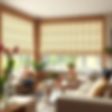 A cozy living space adorned with patterned roller blinds.