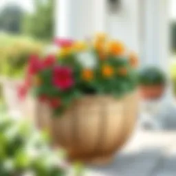 Elegant large outdoor planter basket filled with vibrant flowers