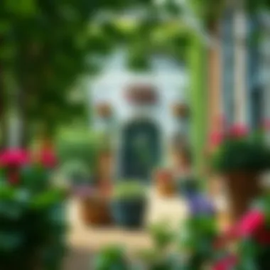 Lush garden scene featuring well-arranged planter baskets