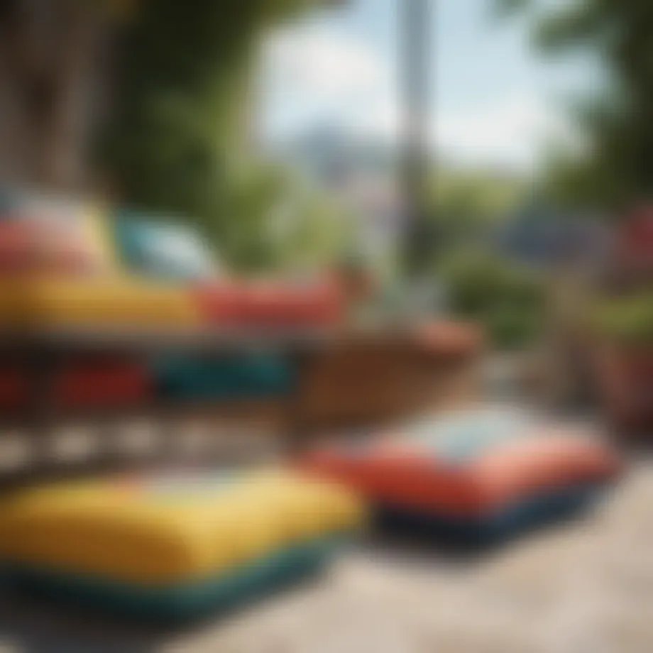 Variety of colorful patio cushions arranged on outdoor furniture