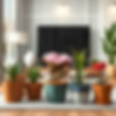 Stylish small flower pots arranged in a modern living room setting.