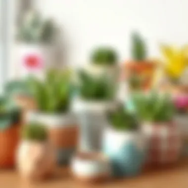 An array of creatively designed small flower pots with plants.