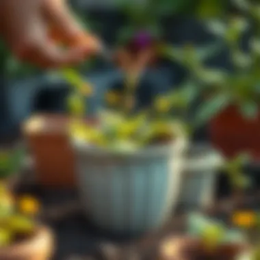 A close-up of a small flower pot being maintained in a garden.