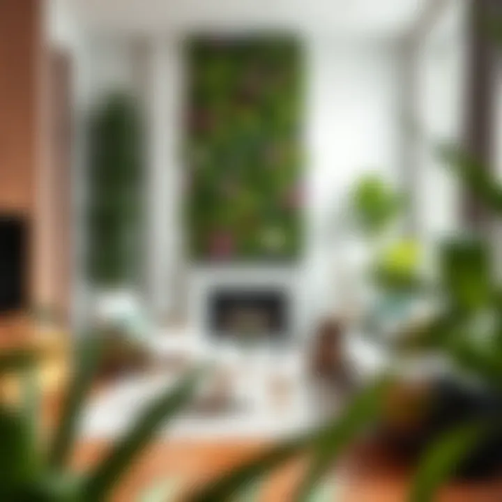 A serene living room with a stunning vertical garden as a focal point