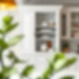 Elegant countertop storage cabinet with open shelves displaying kitchenware