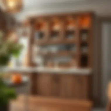 Rustic countertop storage cabinet with decorative elements and a cozy feel