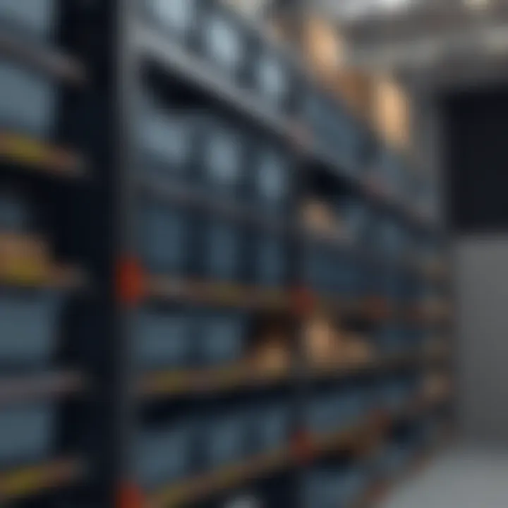 Close-up of Rubbermaid bins neatly arranged on robust industrial shelving