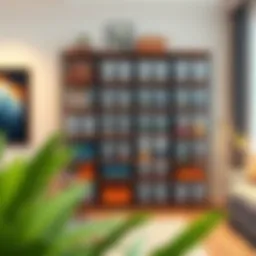 Modern shelving unit showcasing organized Rubbermaid bins in a stylish living space