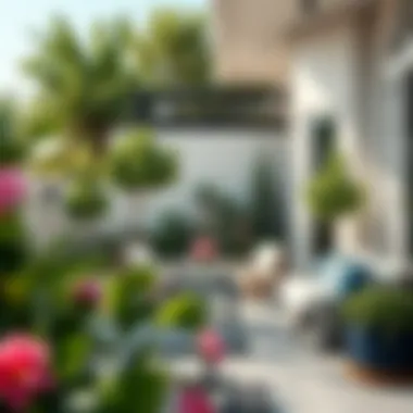 Elegant Outdoor Space with Faux Trees An elegant outdoor space featuring faux trees and flowers