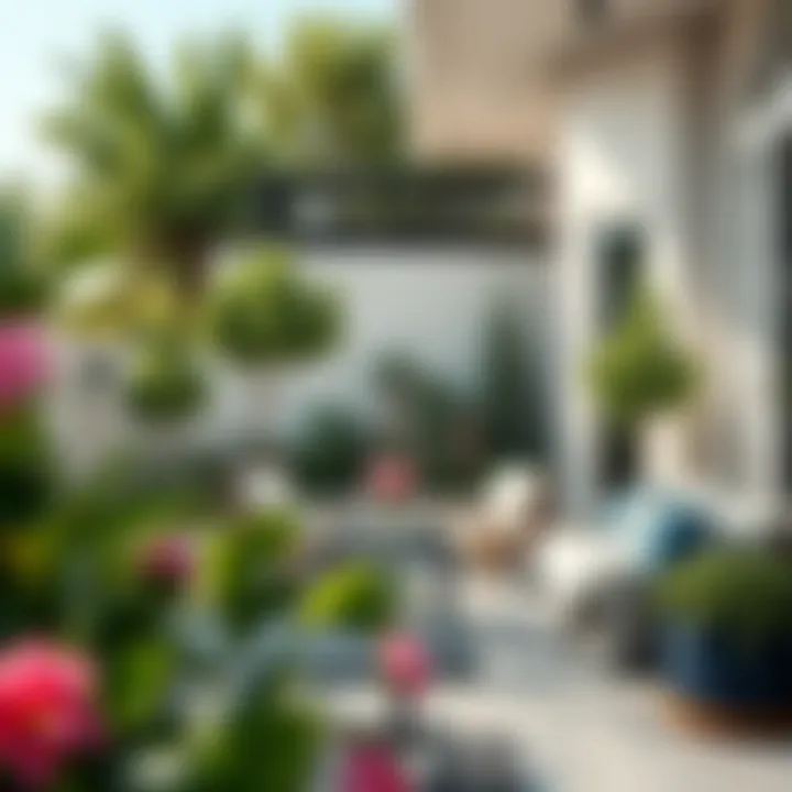 Elegant Outdoor Space with Faux Trees An elegant outdoor space featuring faux trees and flowers
