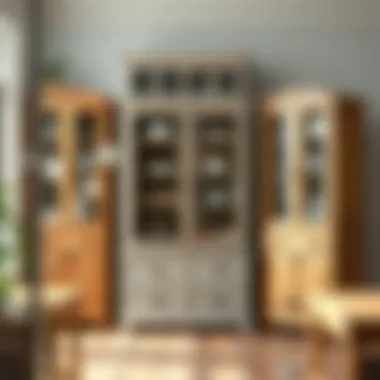 Variety of materials used in free-standing cabinets with glass doors