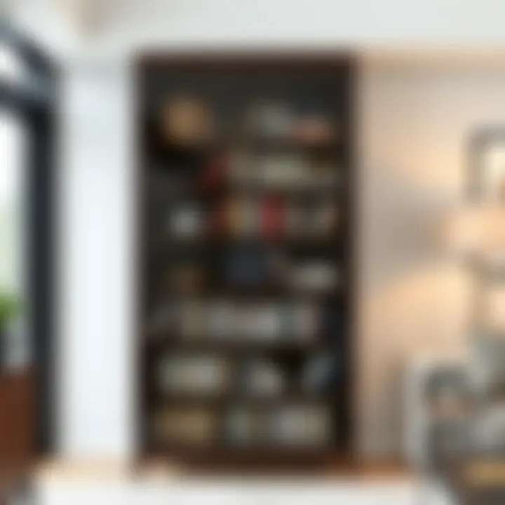 Modern interior featuring a stylish glass-doored cabinet filled with books