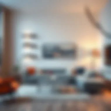 Modern installation of glass corner shelves in a living room