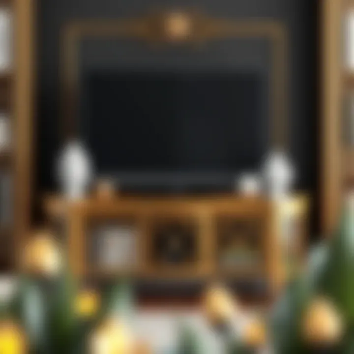 Elegant gold corner TV stand showcasing decorative elements