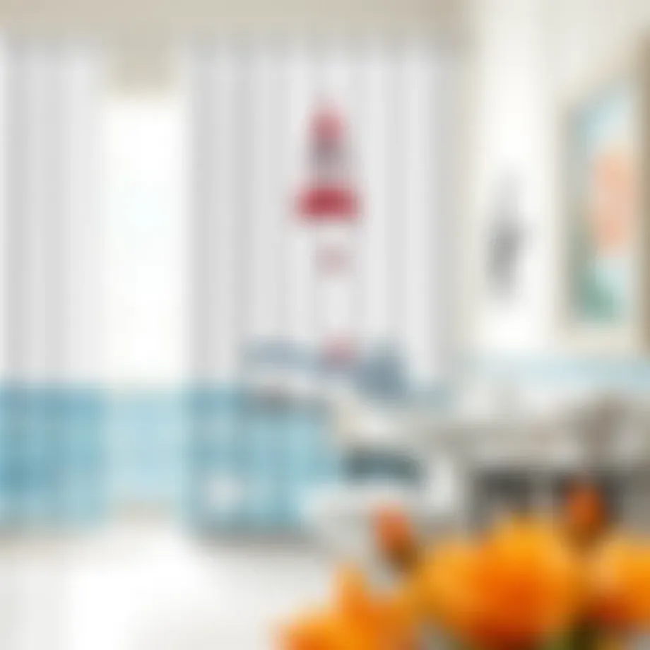 Elegant lighthouse-themed bathroom curtain enhancing coastal vibe