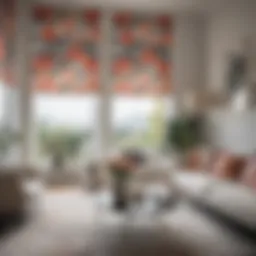 Elegant roller blinds with abstract floral patterns in a modern living room