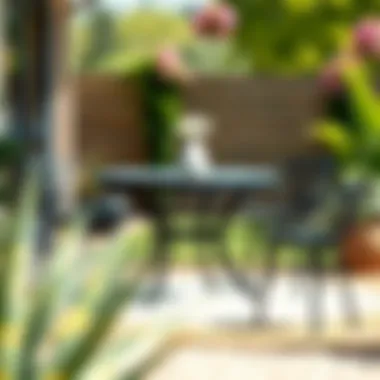 Round Black Metal Patio Table in Outdoor Dining Setting Round black metal patio table showcased in an outdoor dining setting