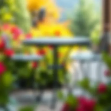 Elegant Round Black Metal Patio Table Elegant round black metal patio table set against a vibrant garden backdrop