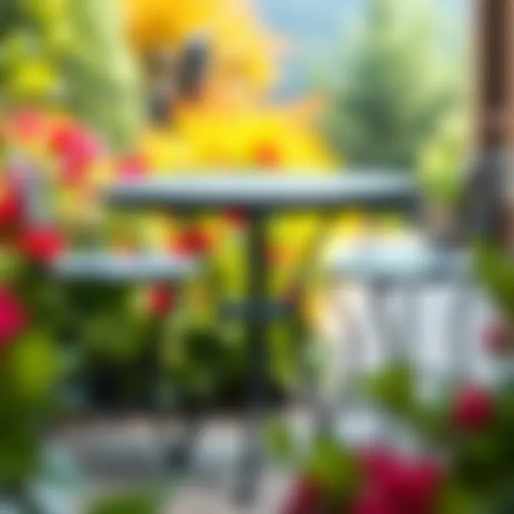 Elegant Round Black Metal Patio Table Elegant round black metal patio table set against a vibrant garden backdrop