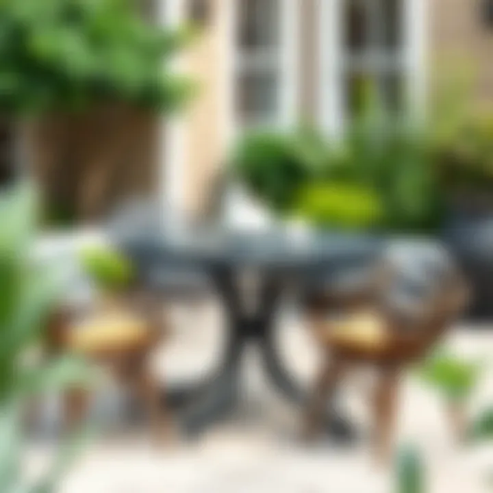 Functional Round Black Metal Patio Table Functional round black metal patio table with comfortable seating arrangement