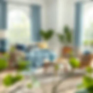 Living room showcasing blue and green coverlets in seasonal decor