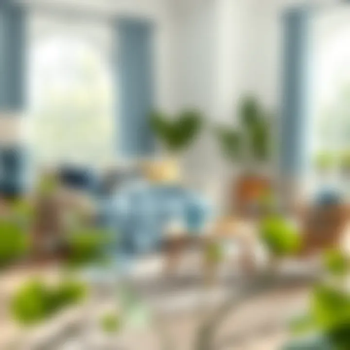 Living room showcasing blue and green coverlets in seasonal decor