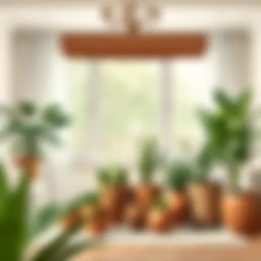 A variety of brown flower pots in different materials displayed in a living room