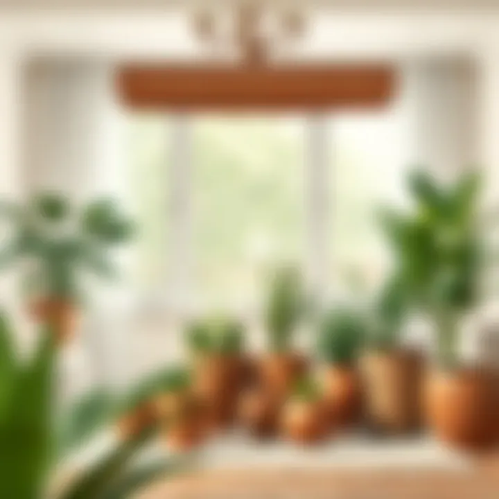 A variety of brown flower pots in different materials displayed in a living room