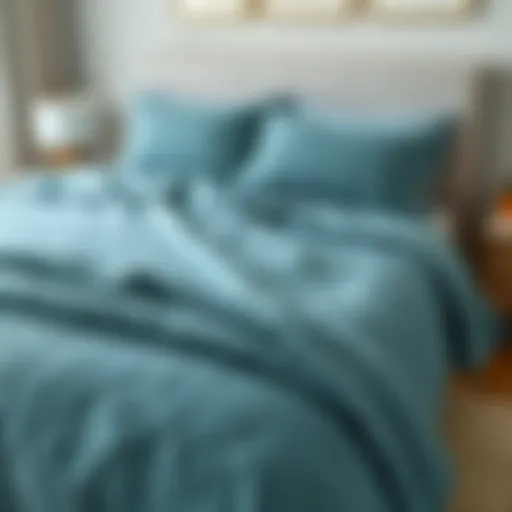Textured blue coverlet draped on a stylish bed