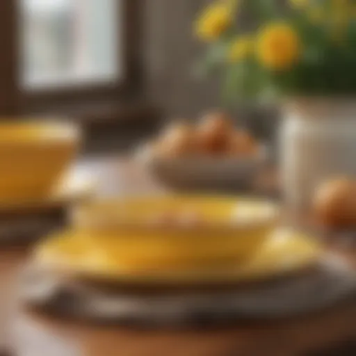 Elegant vintage yellow dish set arranged on a wooden table