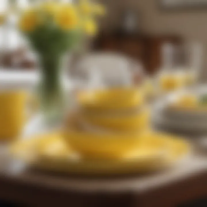 Vintage yellow dishes displayed in a modern dining setting