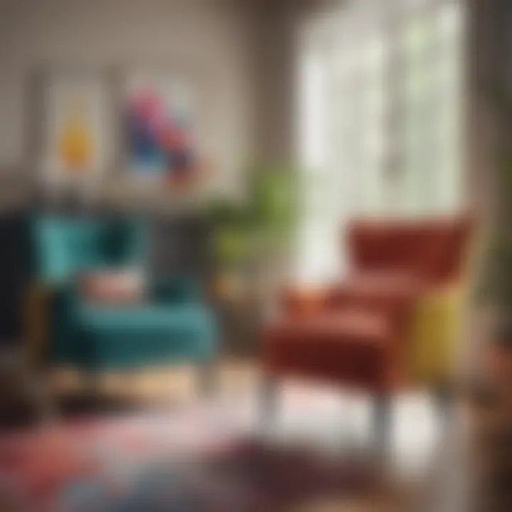 Colorful accent chairs arranged in a bright, cheerful environment