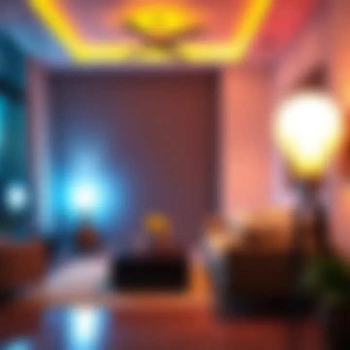 Modern living space illuminated by LED color changing lightbulbs