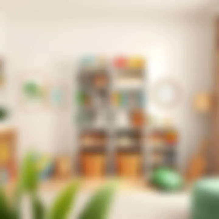 Open shelving unit in a playroom with neatly arranged educational toys