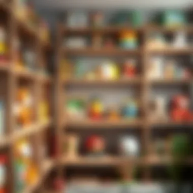 Wooden Shelves for Organized Toy Display Wooden shelves displaying a variety of toys in an organized manner