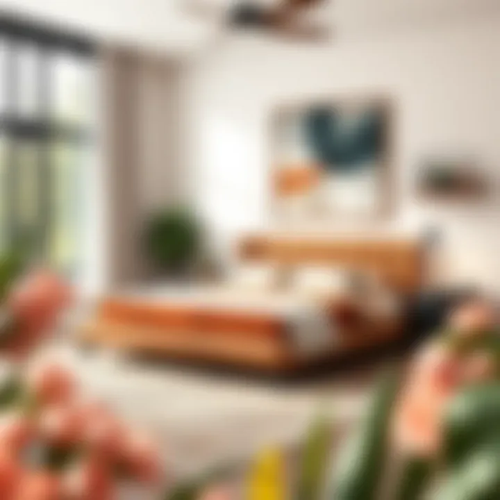 Stylish Interior with Suede Platform Bed Stylish interior featuring suede platform bed with complementary decor