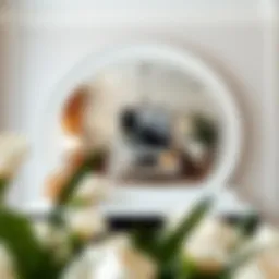 Elegant white mirror reflecting a modern living room