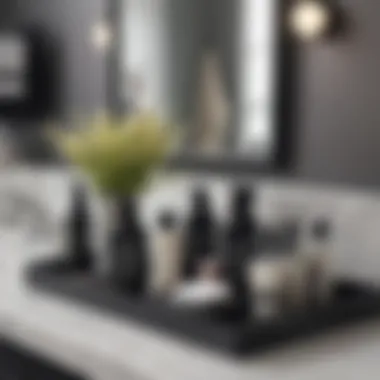 Chic black counter tray arranged with beauty products in a bathroom