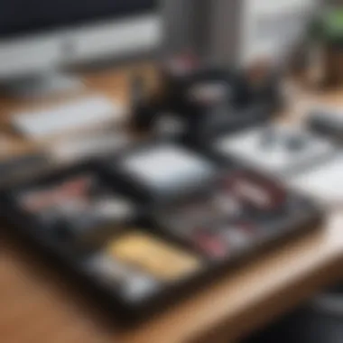 Organized black counter tray holding office supplies on a desk